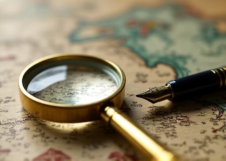 Close up of a magnifying glass over a hand-colored map detail with fountain pen and ink.